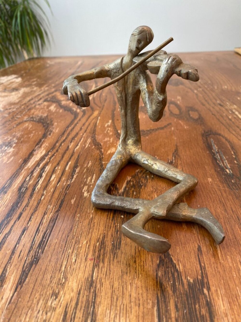 Vintage Brass Brutalist Violinist Sculpture Mid-Century Modern Figurine 6" Tall